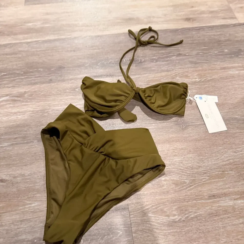 Caroline Constas Olive Green Two Piece Halter Bikini New Size Small